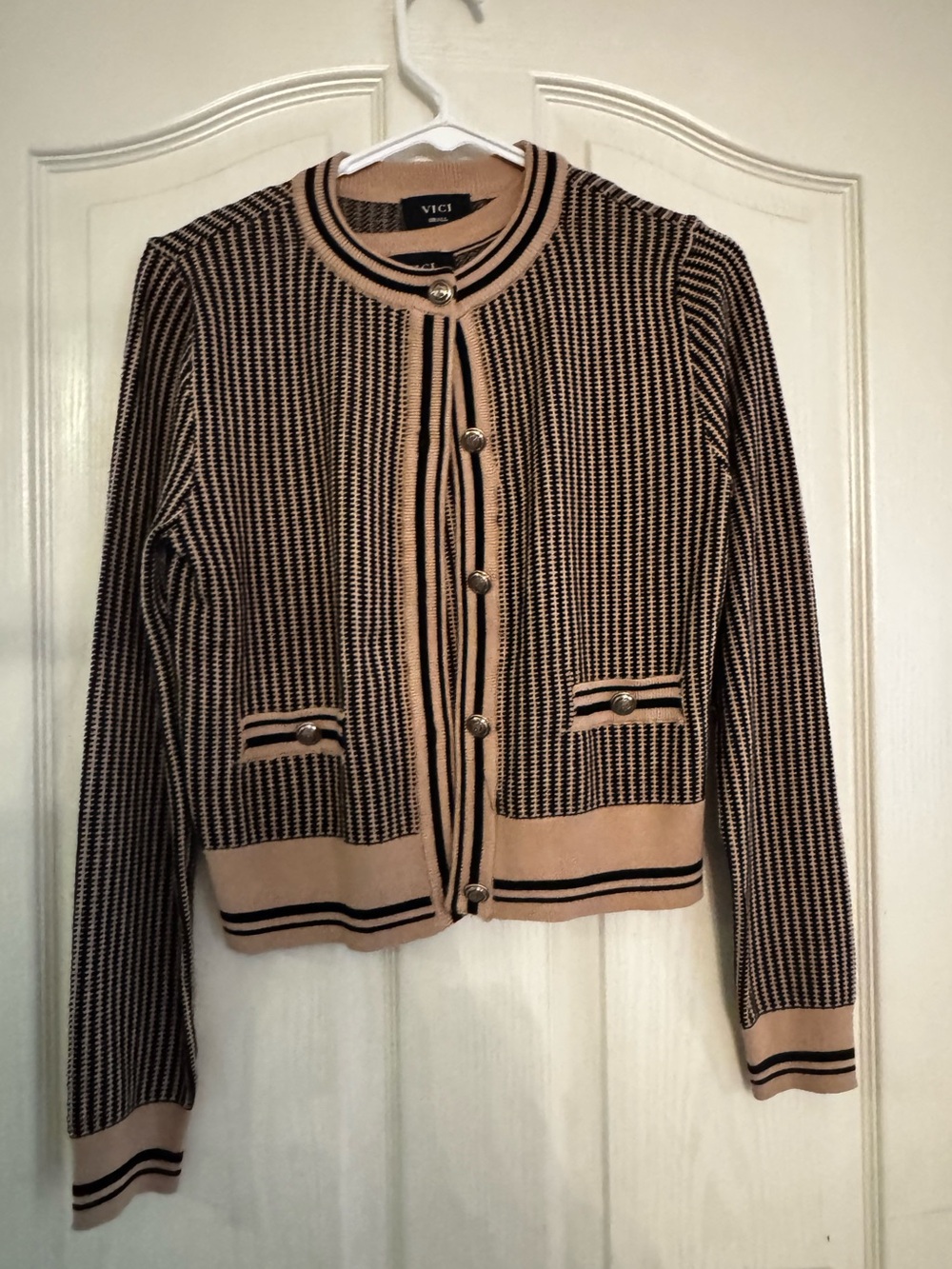 VICI Black and Tan Striped Knit Cardigan Sweater Set